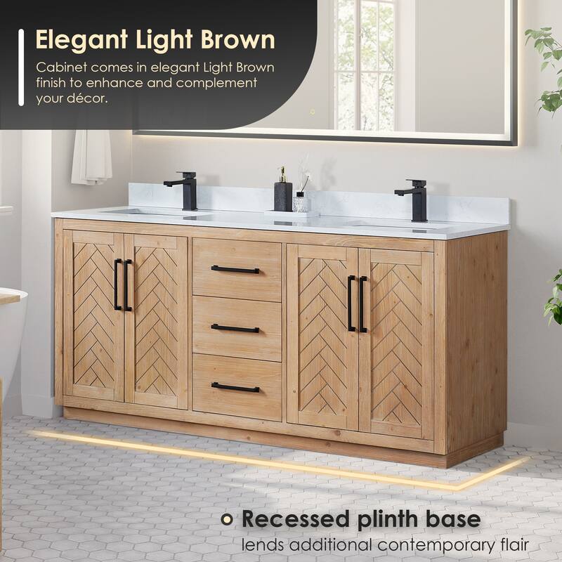 Anais Single Bathroom Vanity in Light Brown with Grain White Engineered Stone Countertop with Mirror