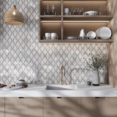 Apollo tile 14 x 14 Elysian Polished White Bianco Carrara, Wooden and Athens Grey Marble Tile (7 sq ft/case) - 5 Pack