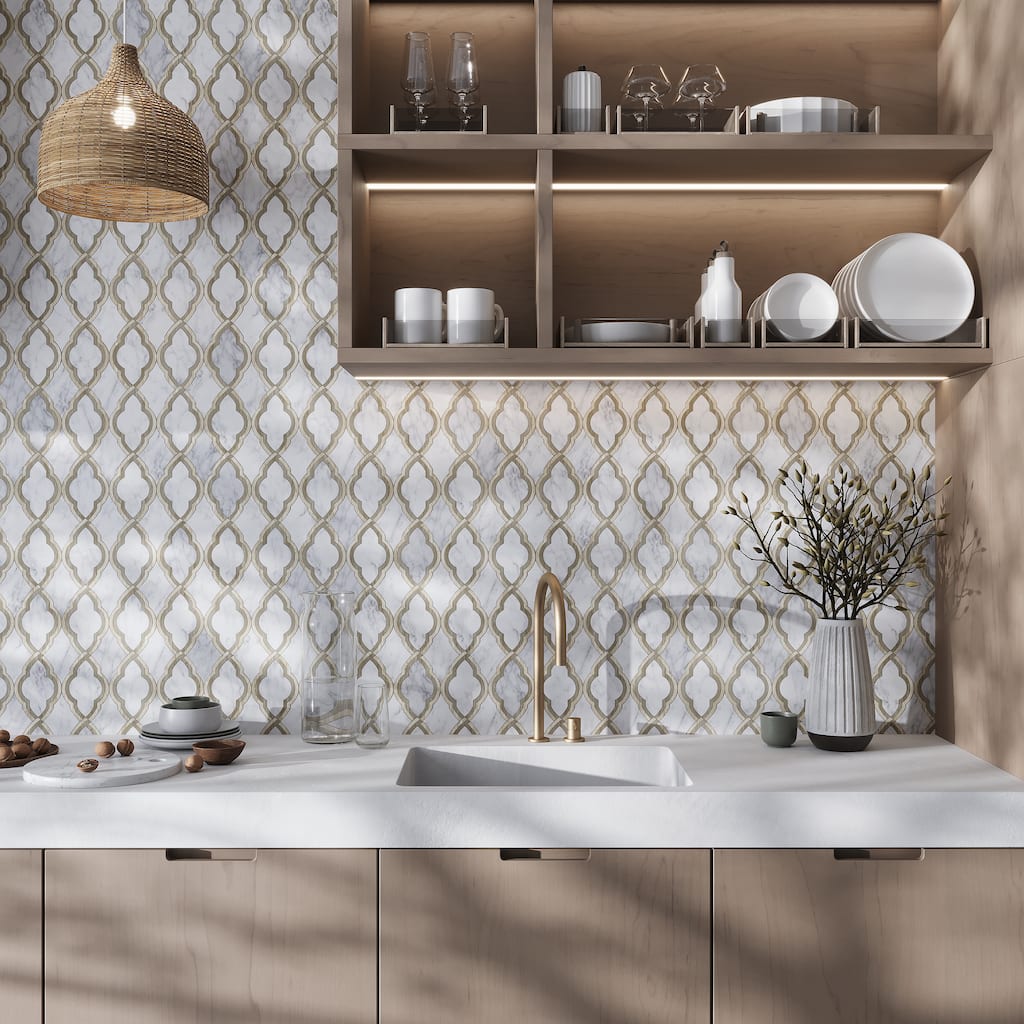 Apollo tile 14 x 14 Elysian Polished White Bianco Carrara, Wooden and Athens Grey Marble Tile (7 sq ft/case) - 5 Pack