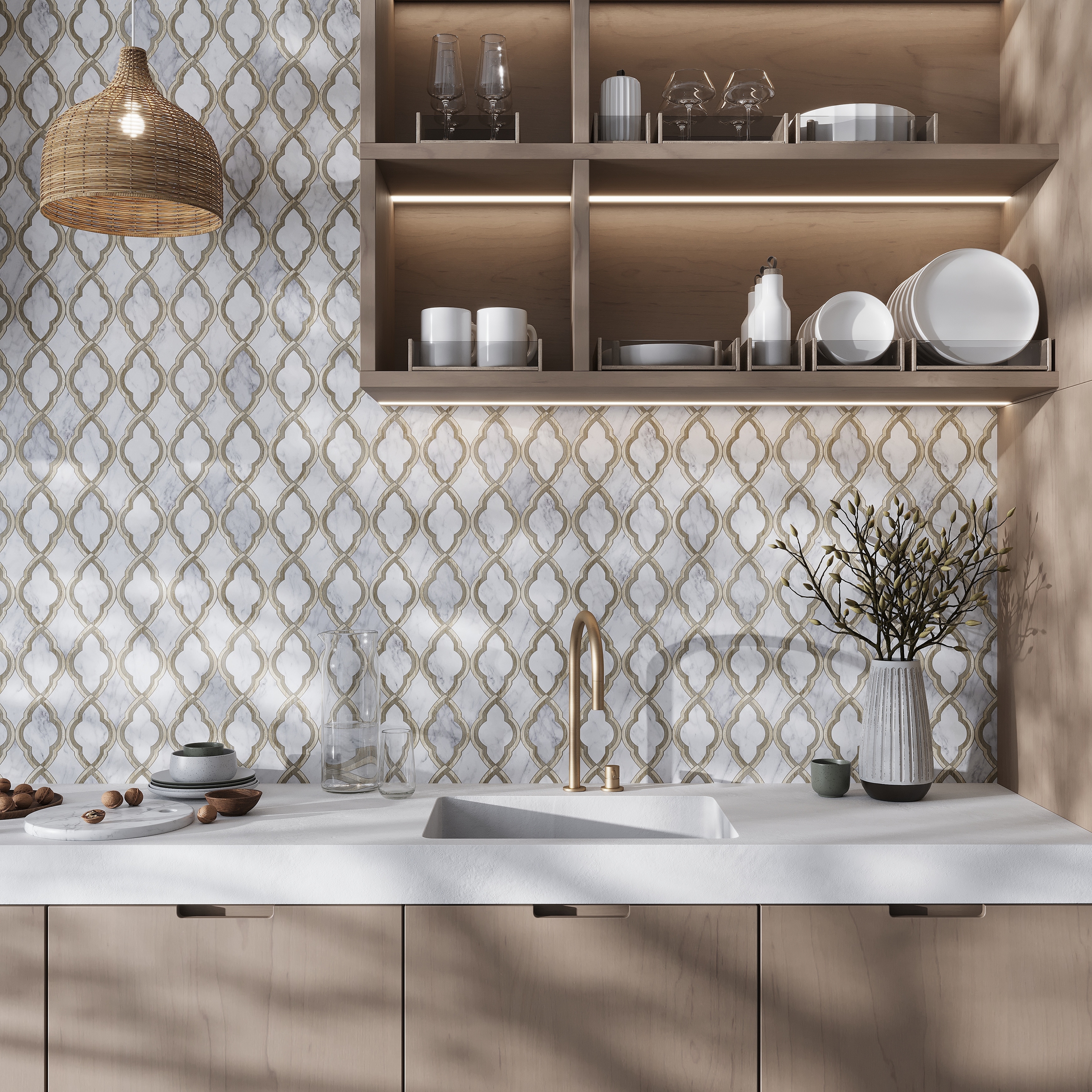 Apollo tile 14 x 14 Elysian Polished White Bianco Carrara, Wooden and Athens Grey Marble Tile (7 sq ft/case) - 5 Pack