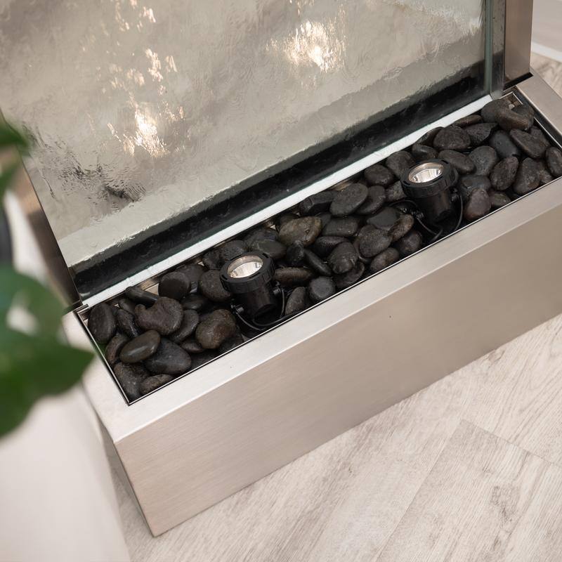 XBrand 72" Steel/Glass Free-Standing Waterfall Fountain w/ Pump, LED Lights and Rocks