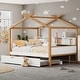 preview thumbnail 6 of 6, Wooden House Bed with Original Wood Colored Frame Twin Size Trundle and Bookshelf Storage Space