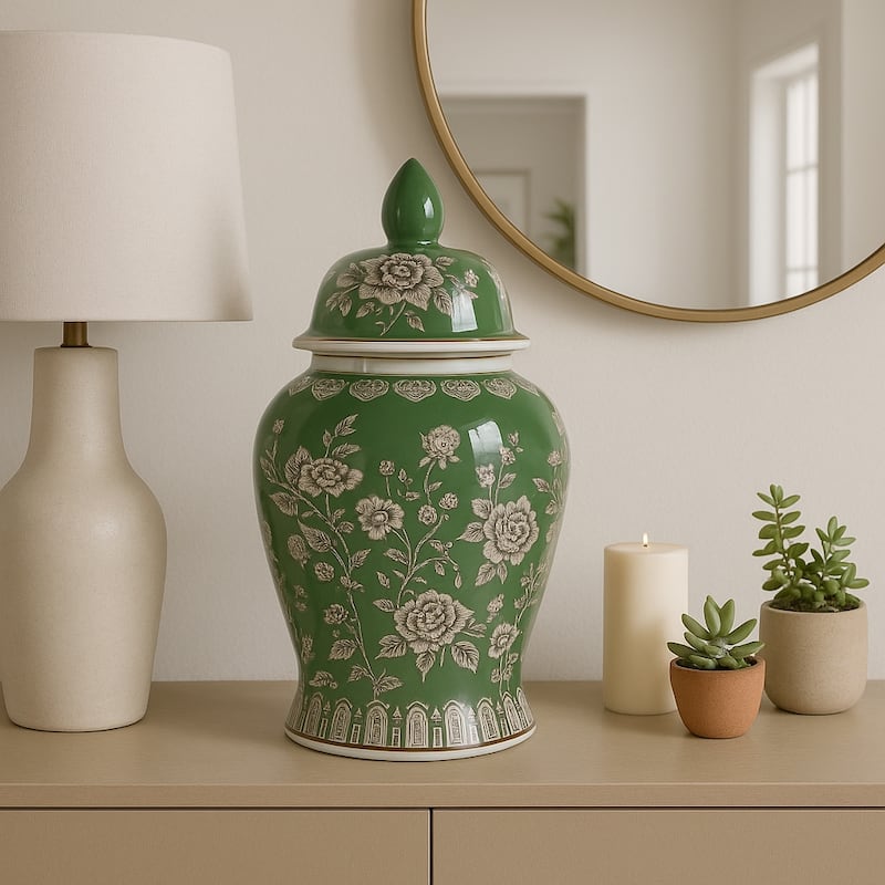 Decorative Bird and Flower Temple Jar with Lid
