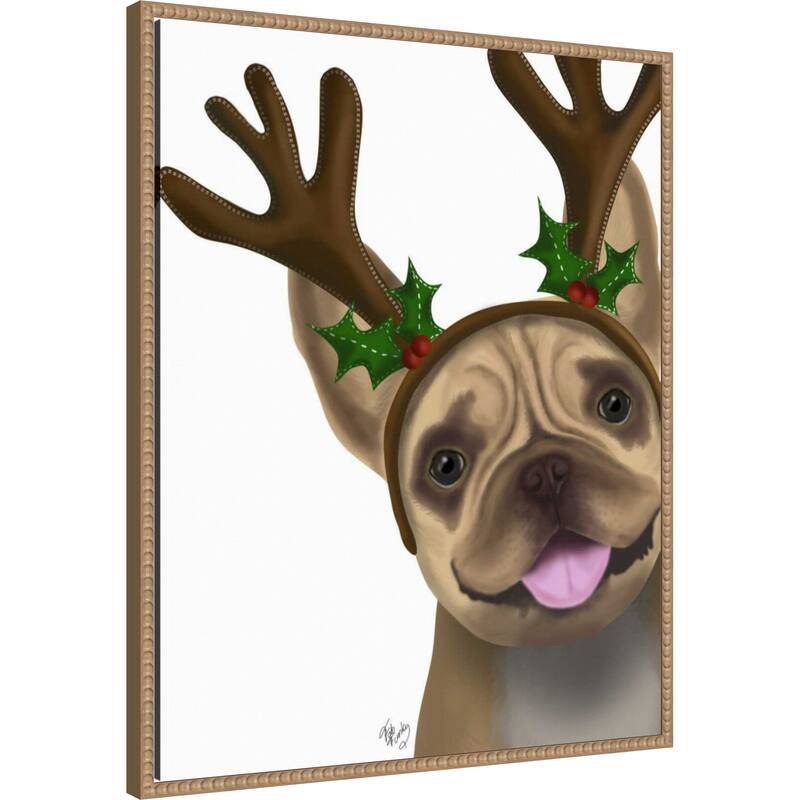 French Bulldog Antlers 2 by Fab Funky (23 x 28 in.), Framed Canvas Wall Art Print - Sylvie Beaded Rustic Natural
