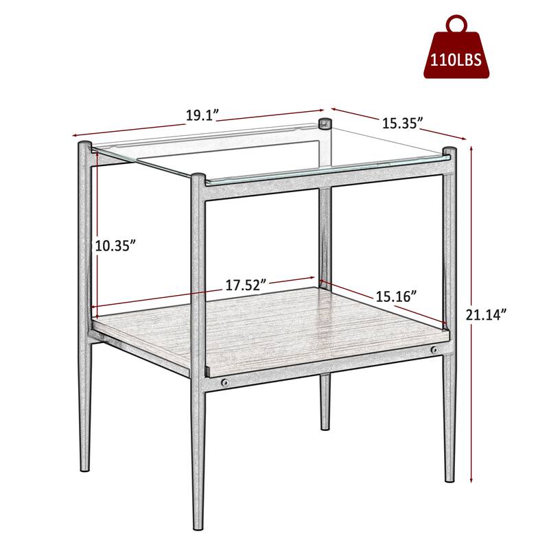 Set of 2 Rectangle End Table, Tempered Glass Tabletop with MDF layer, Modern Table for Living Room, Transparent Glass