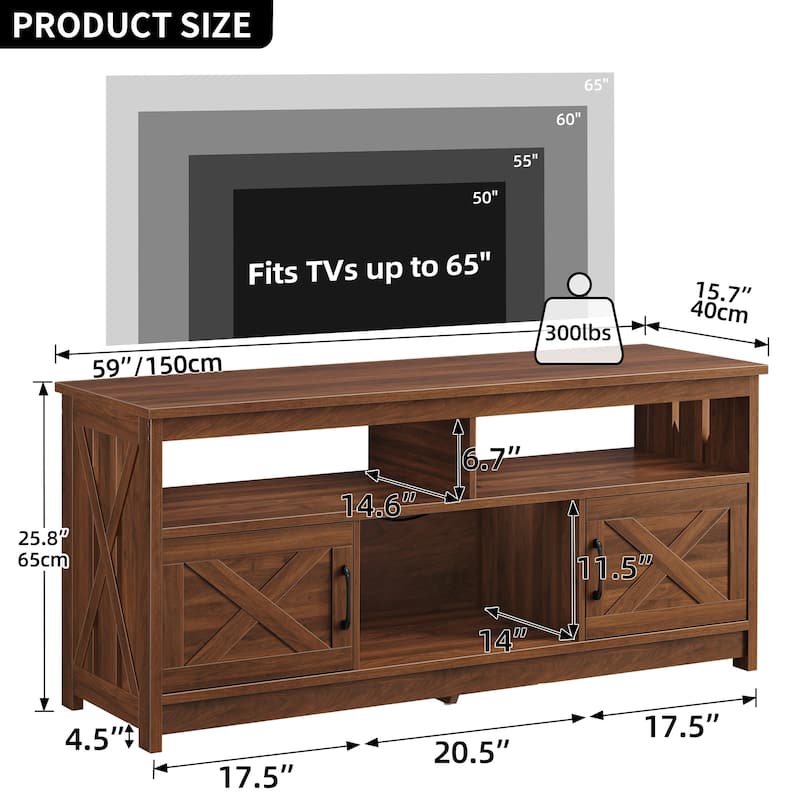 Farmhouse TV Stand for up to 65" TV with Doors and Open Shelves Media Console Power Outlet