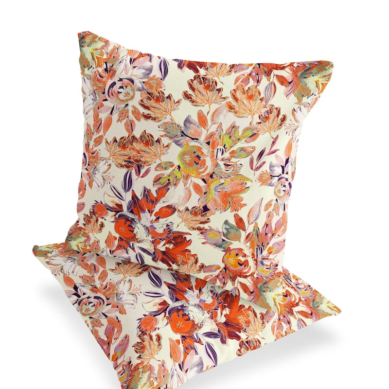 HomeRoots Set of Two 16" X 16" Beige and Red Blown Seam Floral Indoor Outdoor Throw Pillow - 16.00' X '16.00' X '5.00