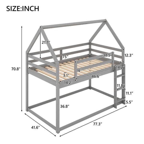 dimension image slide 1 of 2, Low Bunk Design Twin over Twin Low Bunk Bed, House Bed with Ladder
