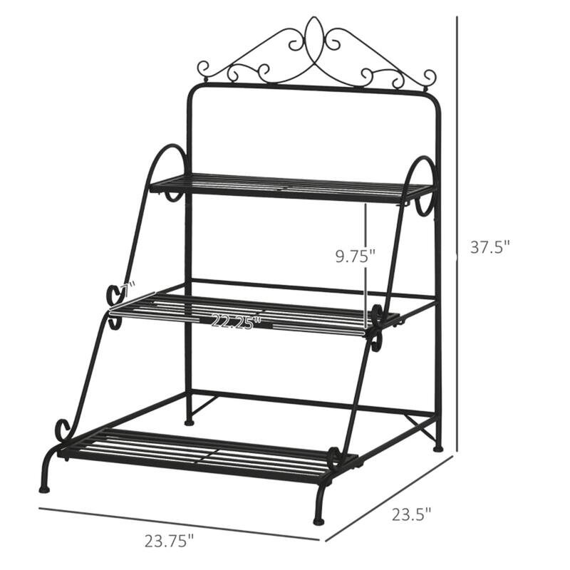 Metallic Black Steel 3-Tier Plant Stand with Scrollwork and Storage - 23.75" L x 23.5" W x 37.5" H