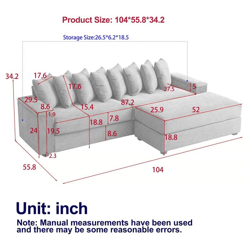 104'' L-Shaped Corduroy Sectional Sofa Couches with Chaise, 8 Pillows