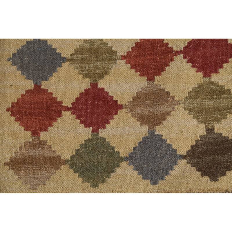 Geometric Kilim Oriental Area Rug Flatweave Beige / Ivory Wool Carpet - 7'8"x 10'0"