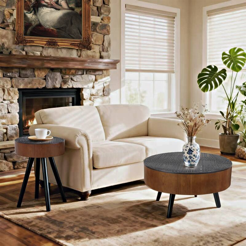 GDFStudio Veyrion Carved Round Coffee Table with Storage and Mid-Century Modern Design