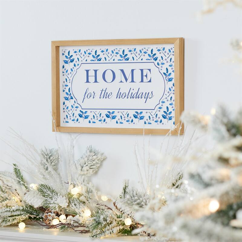 Winter Wall Sign with Blue and White Art Rustic Wood Frame “Home for the Holidays” Seasonal Home Accent - 18.75”L x 1”W x 10”H