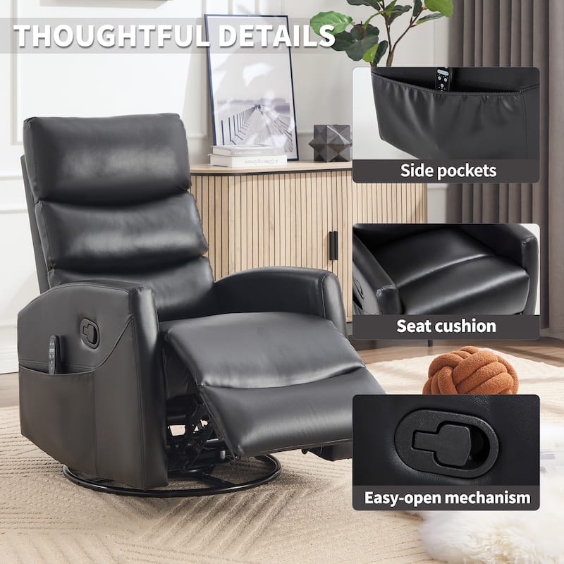 360° Swivel Rocking Recliner with Heat & Massage in Faux Leather