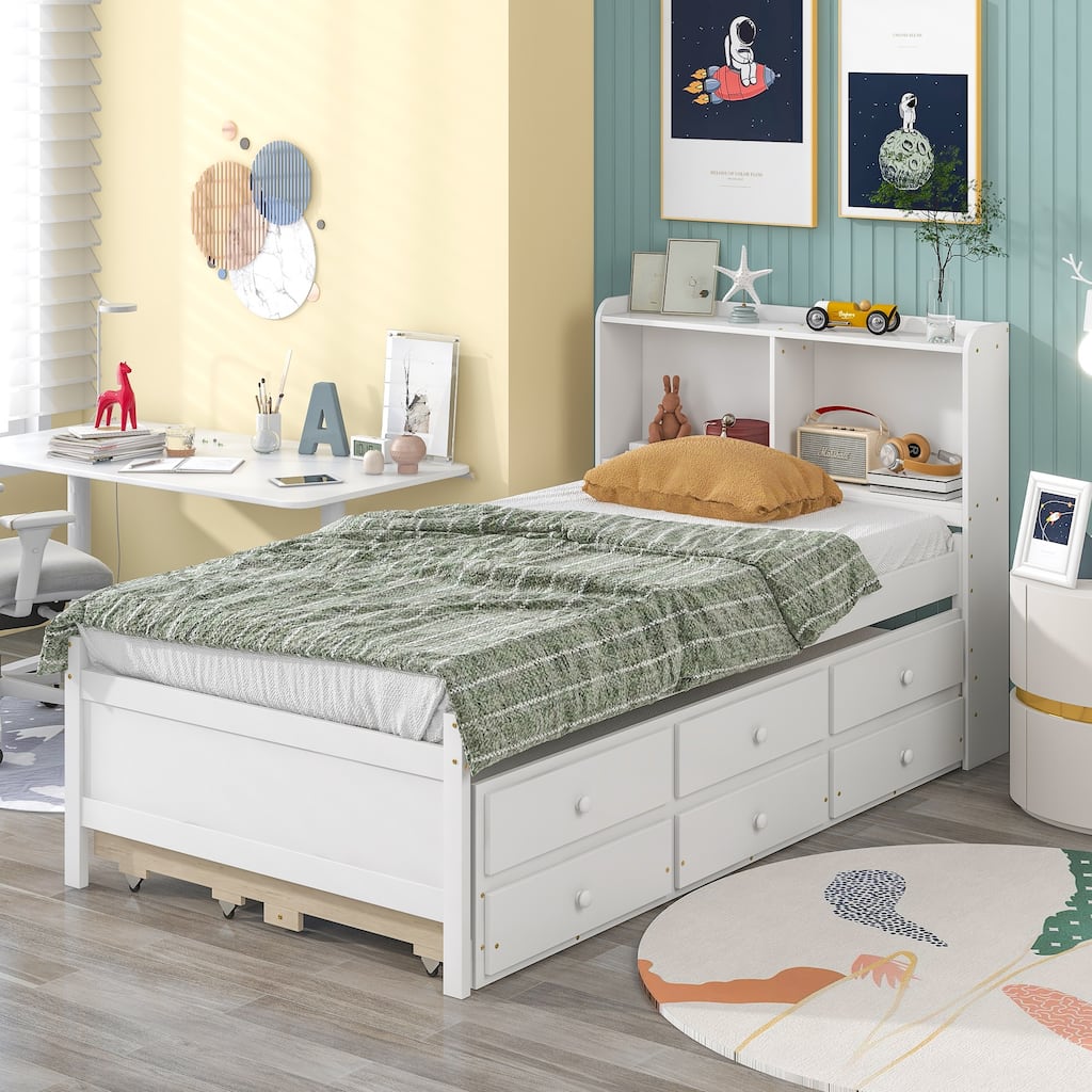 Platform Bed With Bookcase, Trundle, Drawers