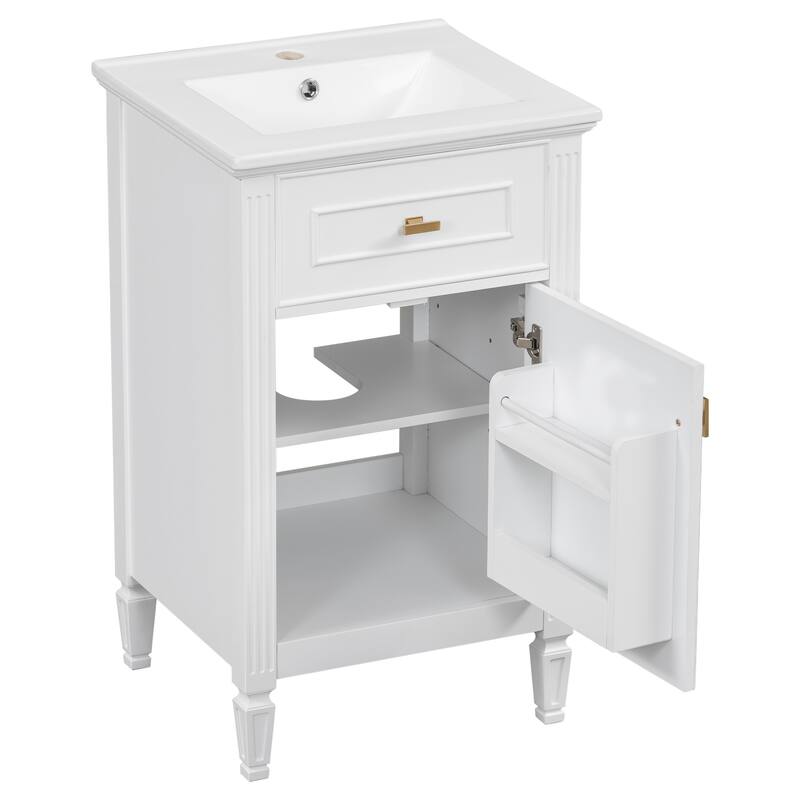 20-Inch Vanity with Sink, Solid Wood Legs,Adjustable Shelf, Tilt-Out Drawer, Zinc Alloy Knobs,Modern Freestanding Cabinet