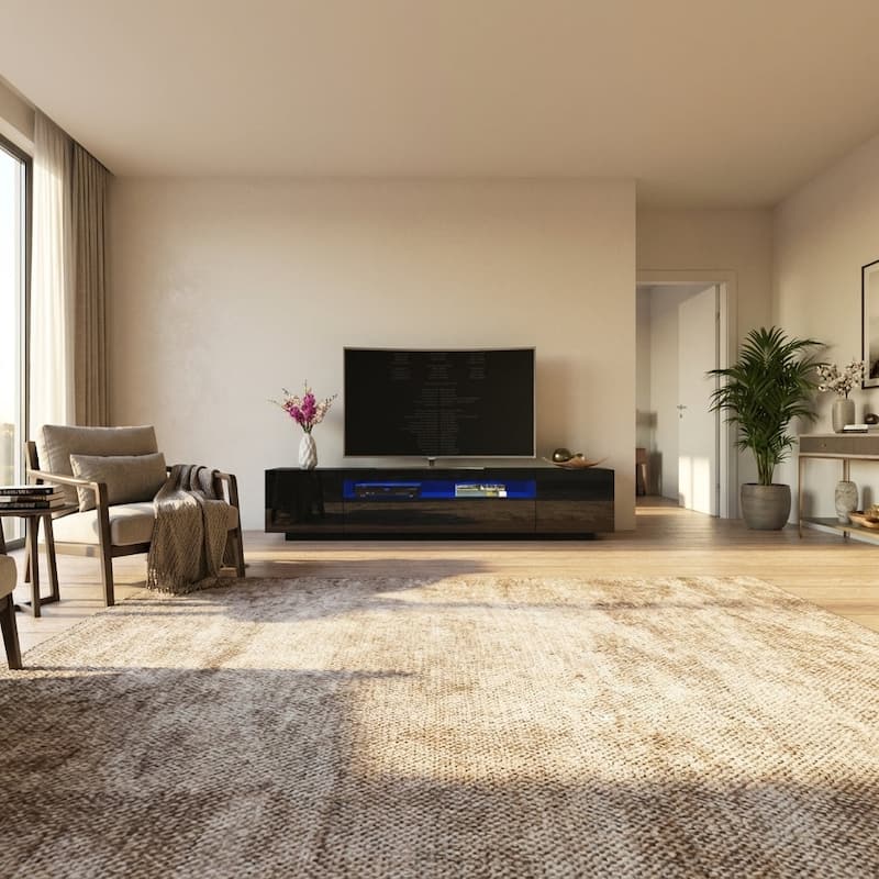 Meble Furniture Miami 79" TV Stand with LED Lighting System, Hi-Gloss Entertainment Console for up to 85" TVs