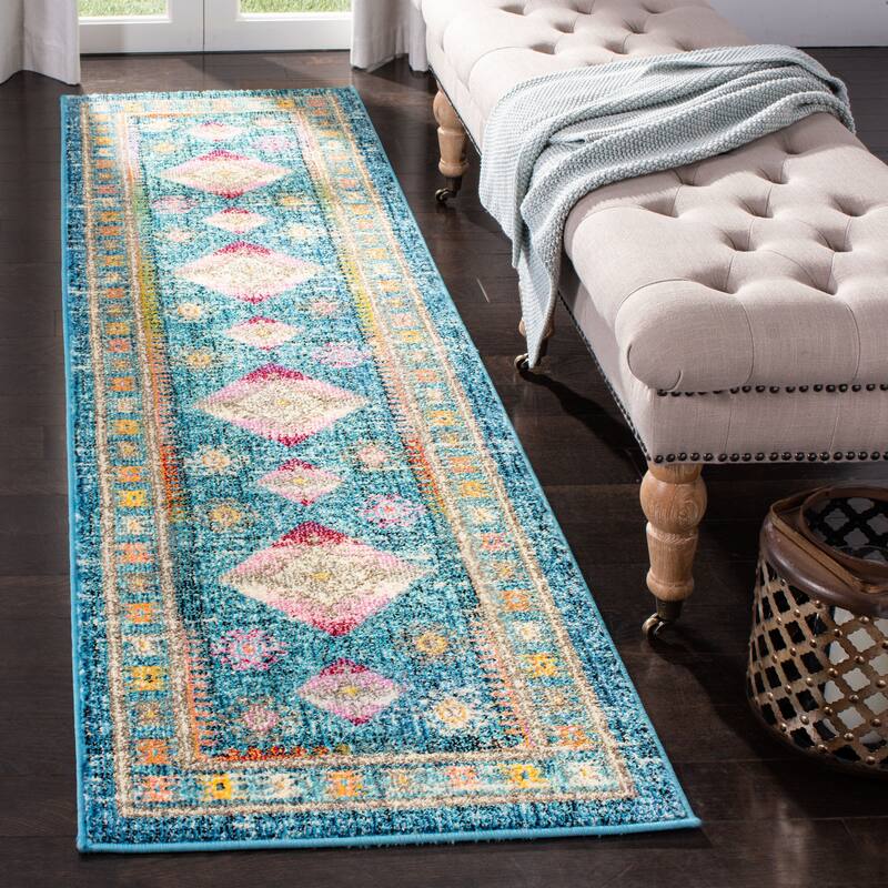 SAFAVIEH Madison Roseann Vintage Boho Diamond Medallion Rug - 2'2" x 8' Runner - Blue/Fuchsia