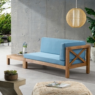 Brava Outdoor Acacia Wood Right Arm Loveseat and Coffee Table Set with Cushion by Christopher Knight Home