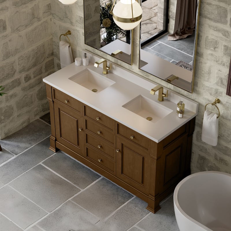 Brookfield 60D" Double Vanity, Honey Oak - White Zeus - Single Hole