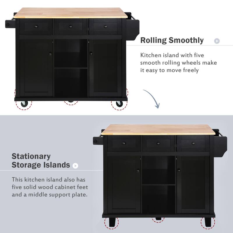 53" Kitchen Island Cart with Rubber Wood Drop Leaf, Rolling Storage Cabinet with Drawers, Spice & Towel Rack