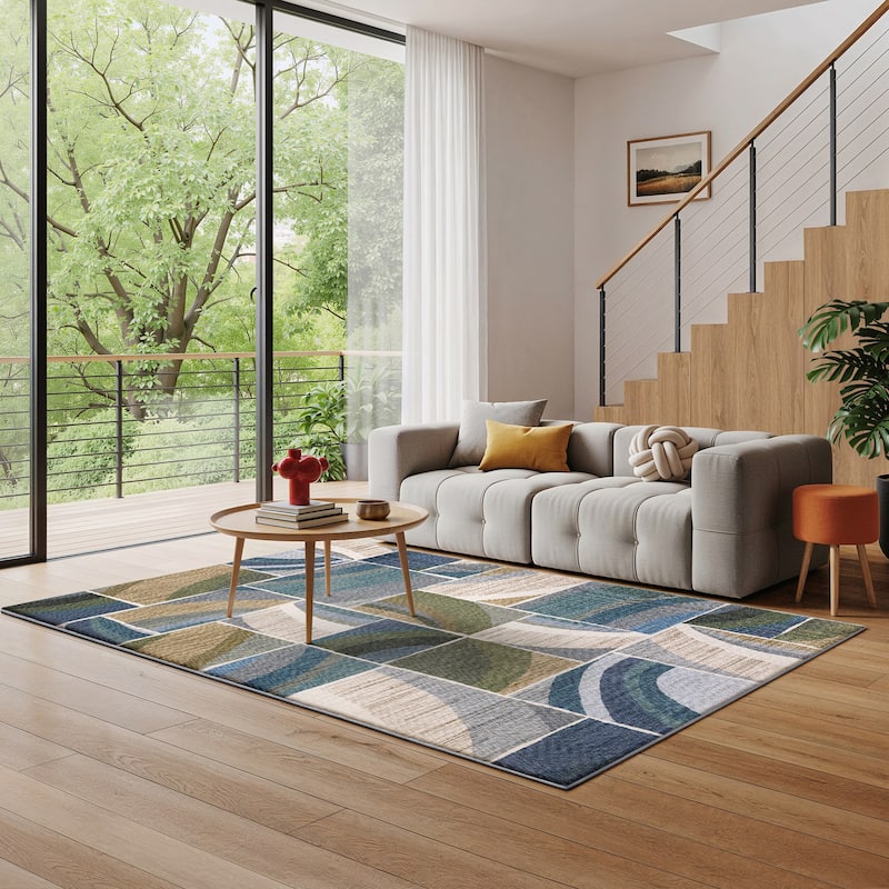 Tobias Modern Color Block Blue/ Green Area Rug - 3' 9" x 5' 2" - Rectangle