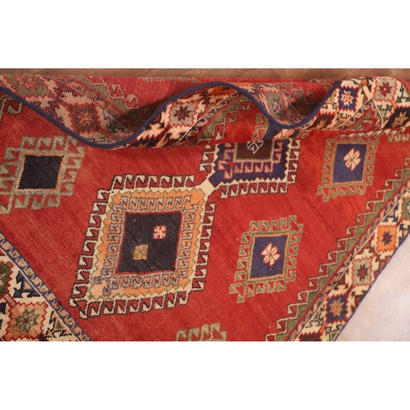 Geometric Shiraz Persian Vintage Accent Rug Hand-Knotted Wool Carpet - 3'4" x 4'11"