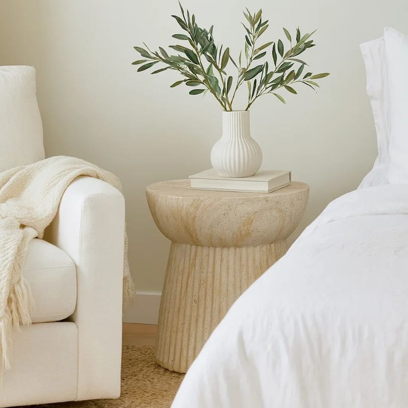 Archi Plant Stand Table, Fluted Design Marbled White Resin 17 Inch