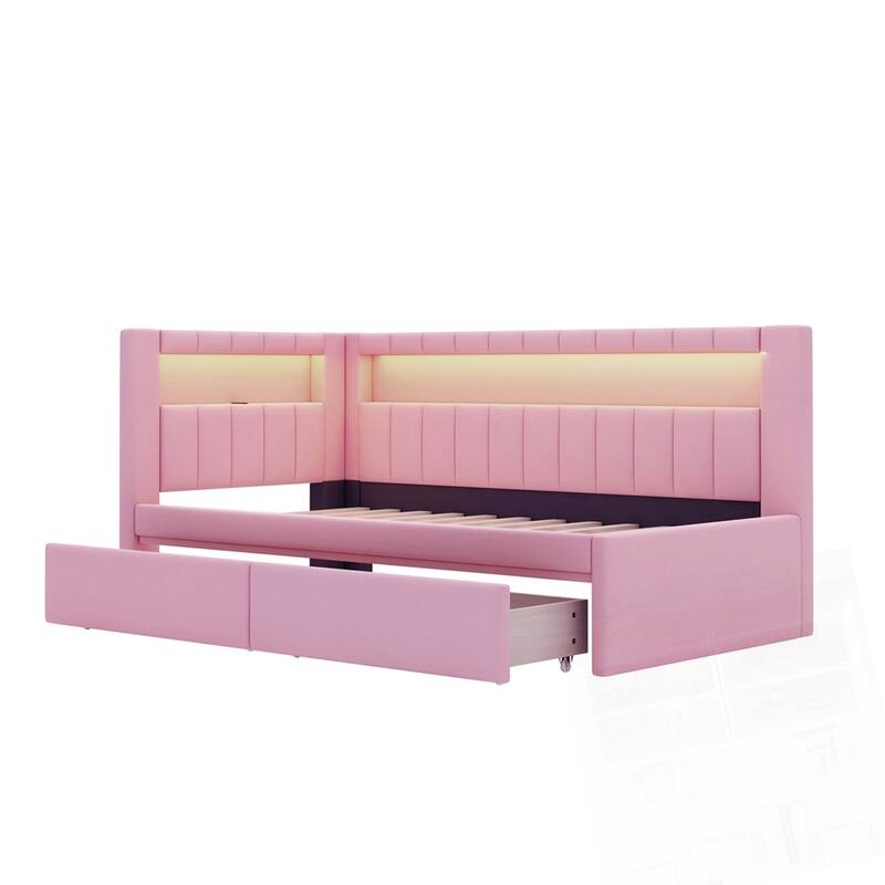 Upholstered Twin Size Platform Bed with USB Ports and 2 Drawers