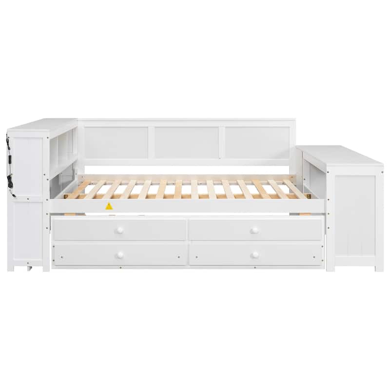 Bookcase Storage Bed, Full Size Daybed with Storage Shelves, Drawers, Trundle, Charging Station, Light, Desk and Cabinet
