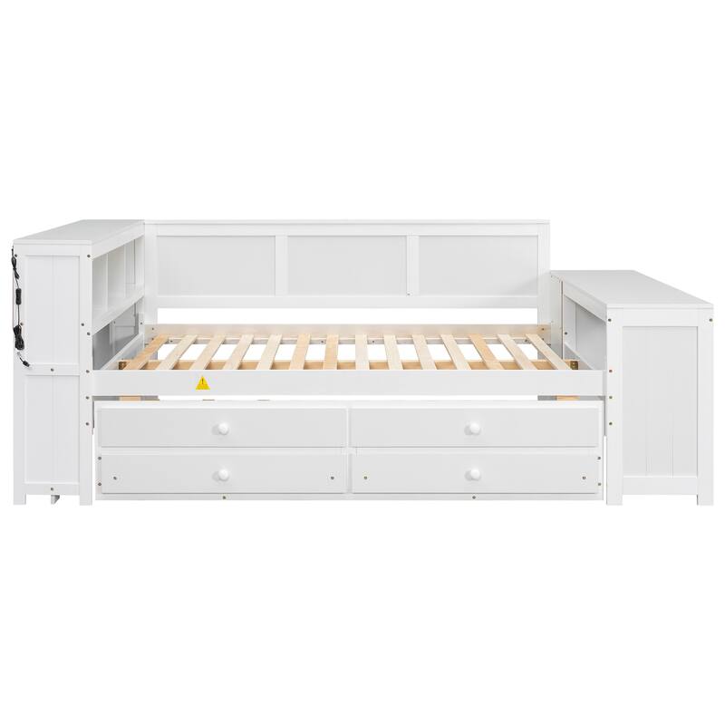 Full Size Daybed with Storage Shelves, Trundle, Charging Station, Desk, and LED Light