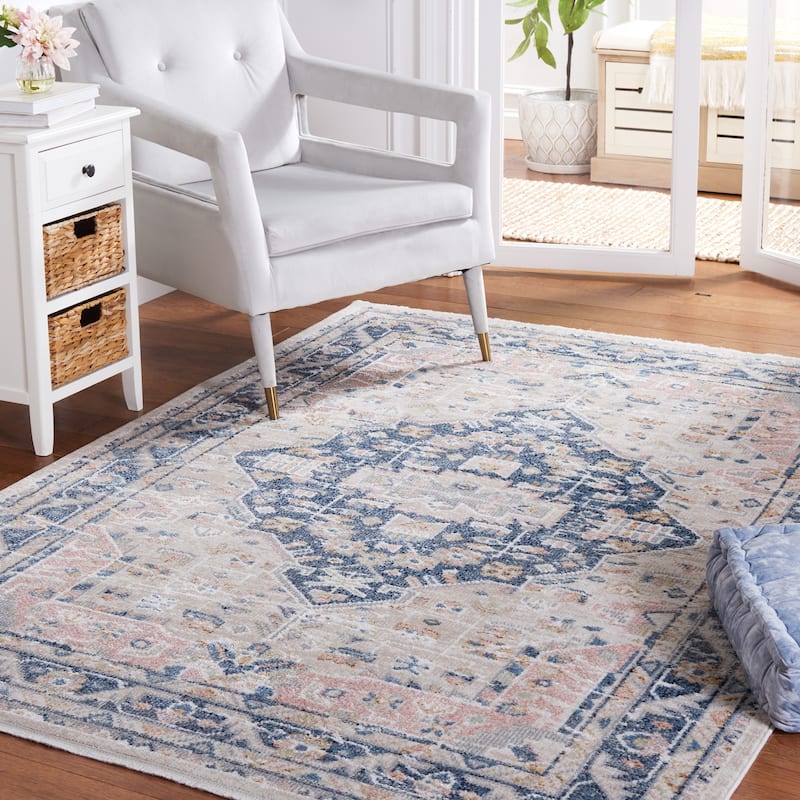 SAFAVIEH Blair Machine Washable Khadija Slip Resistant Rug - 4' x 6' - Beige/Navy