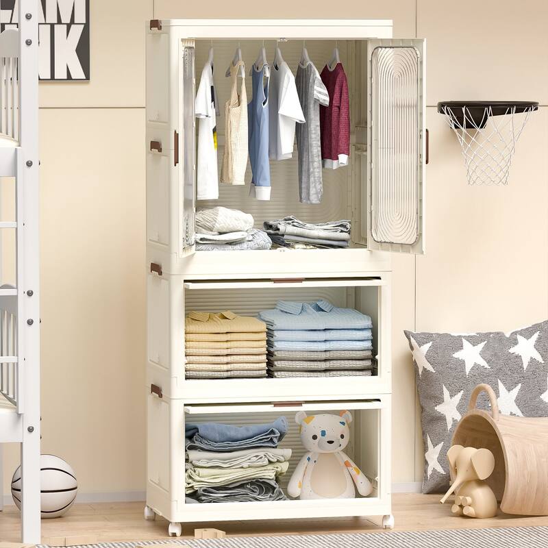 Portable Baby Wardrobe Closet with Magnetic Doors, Hanging Rod, 10 Hangers, White