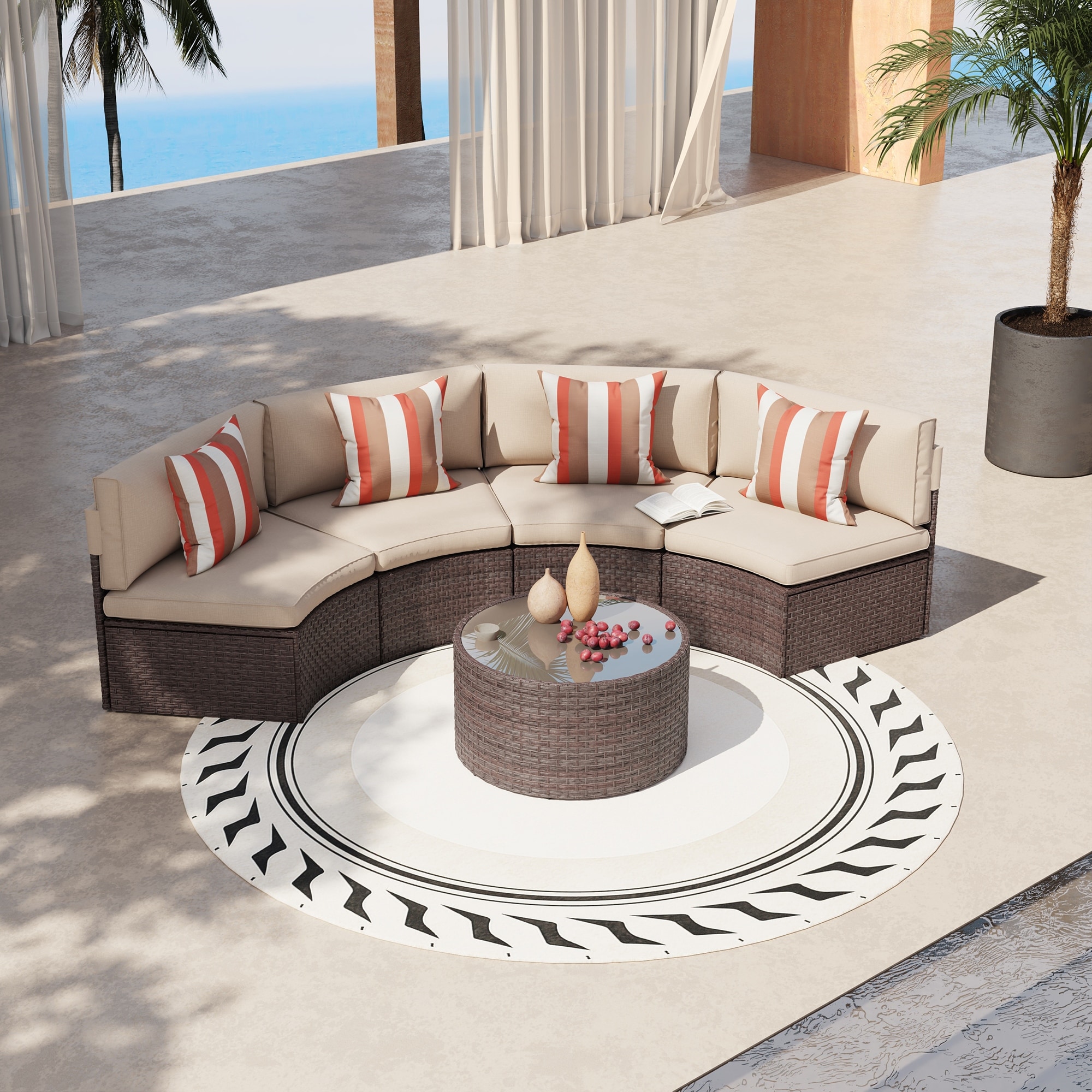 5-Piece Curved Wicker Outdoor Sectional Sofa Set, Outdoor Conversation Sofa Set, Round Table, with Cushions