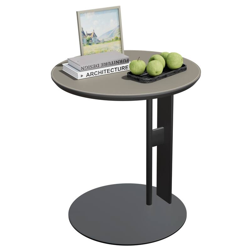 Modern Round End Table with Microfiber Saddle Leather Top and Metal Sandblasting Pedestal