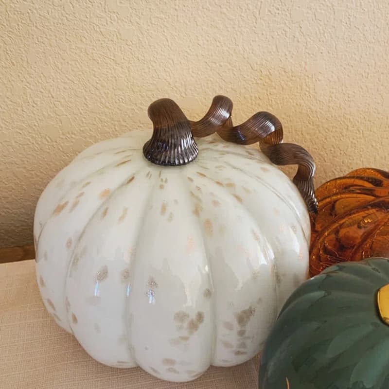 Glitzhome 8.5"D Golden White Handblown Glass Pumpkin Fall Harvest Thanksgiving Decorations - 9"D