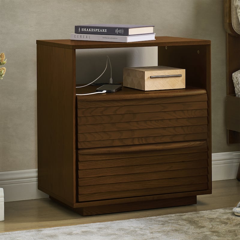 Modern Nightstand with Charging Station,Outlet Hole and 2 Drawers