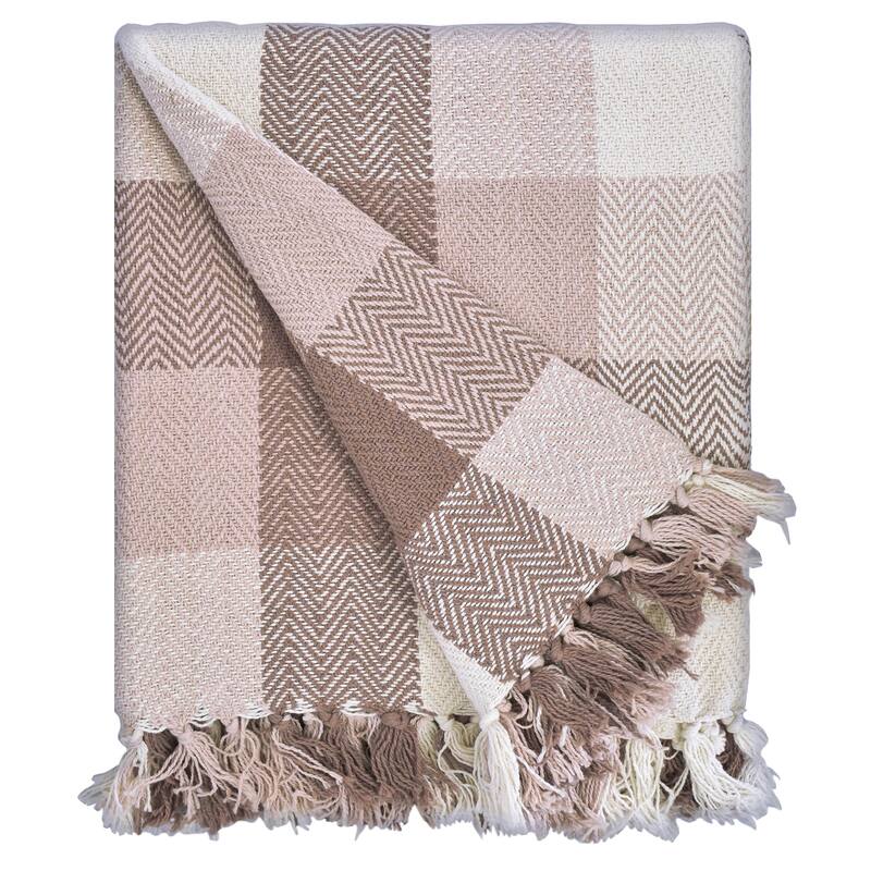 Fabstyles Herringbone Checkered Cotton Throw Blanket with Fringes