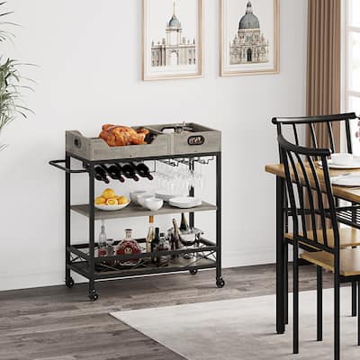 3 Tier Bar Cart with Wheels, Rolling Cart with 2 Portable Trays