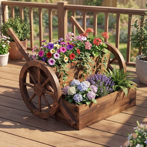 1/2 PCS Rustic Garden Planter Wooden Wagon Planter Box with Wheels ...