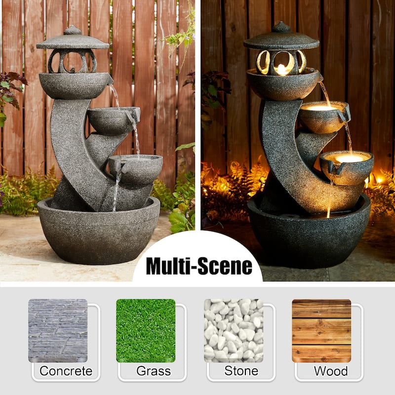 Glitzhome 32"H 4-Tiered Zen Pagoda Polyresin LED Lighted Outdoor Floor Water Fountain