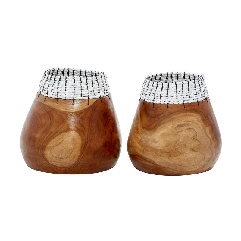 Brown Wood Handmade Vase with Black or White Seagrass Accents (Set of 2)