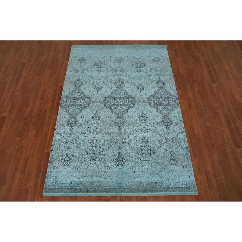 Machine Made Oriental Polyester Carpet Traditional Floral Navy Blue & Blues Agra Area Rug - 7' 5'' X 5' 2''