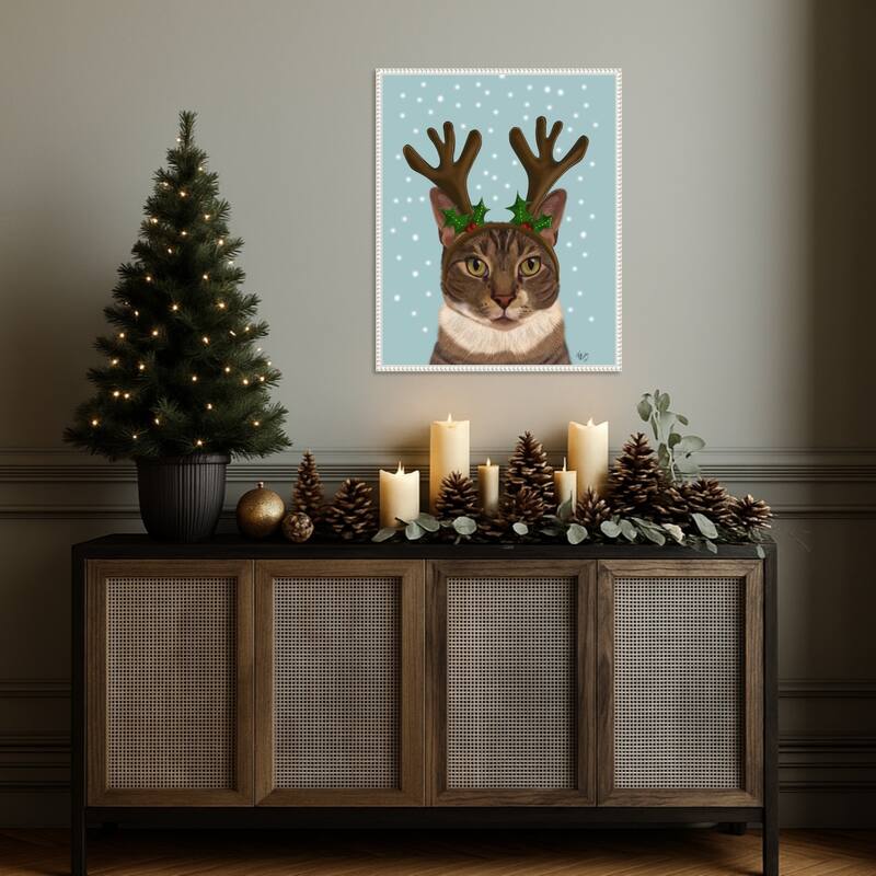 Calico Cat and Antlers by Fab Funky (23 x 28 in.), Framed Canvas Wall Art Print - Sylvie Beaded White