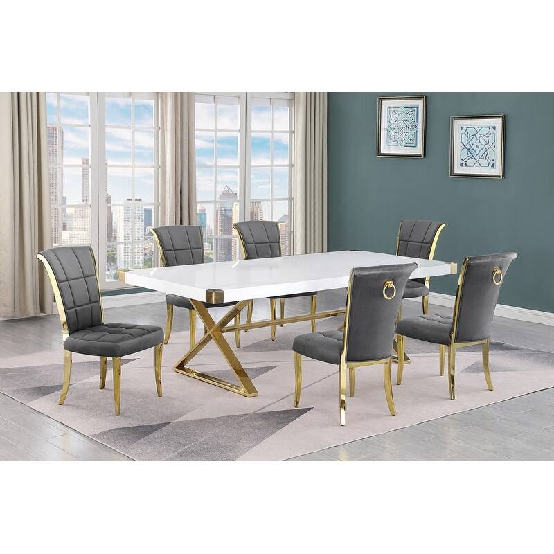 Best Quality Furniture D442/3-SC320-7 Dining Set with 94" White Lacquer Wood Top - 7-Piece - Dark Grey / Gold