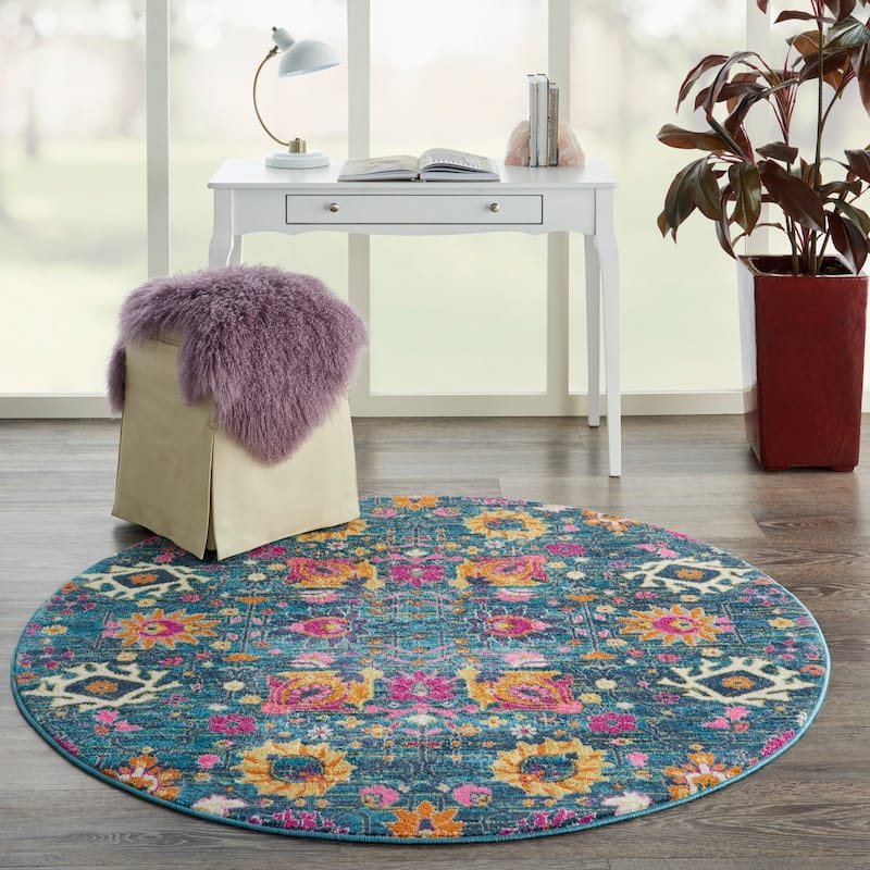 Nourison Passion Boho French Country Floral Area Rug. - 5'3" Round - Denim - Runner