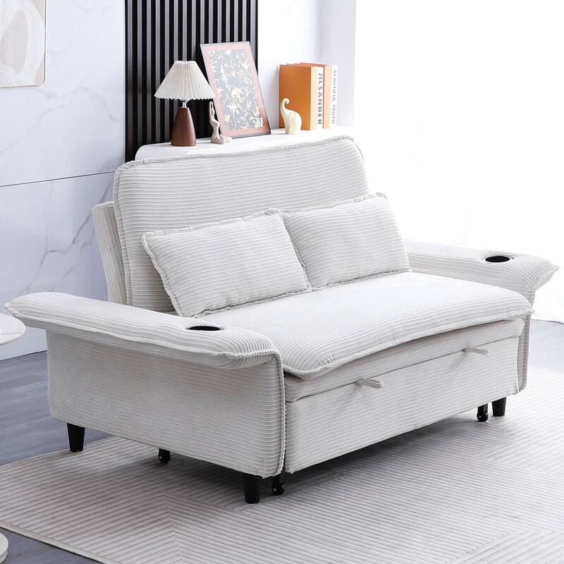 65.7" Corduroy Upholstered Pull-out Sofa With Cup Holder