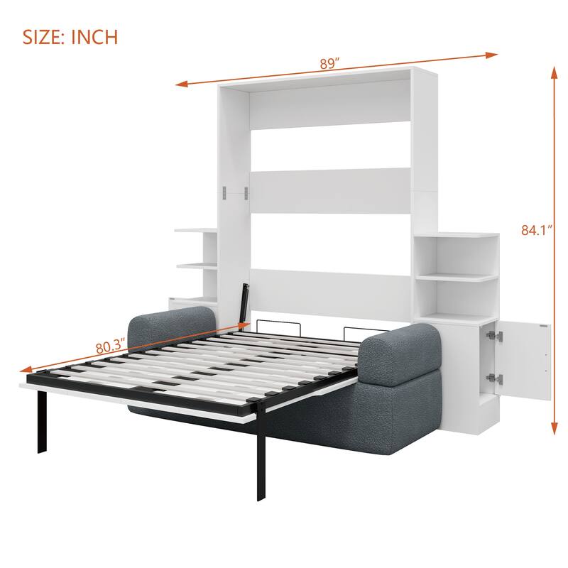 Queen Size Wall Murphy Bed with Sofa, Open Shelves and Side Cabinets