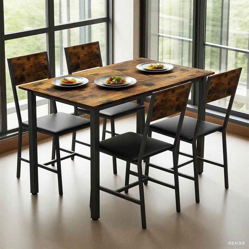 5 Piece Metal and Wood Indoor Modern Dinning Table Furniture Set for 4, Dining Table Chairs