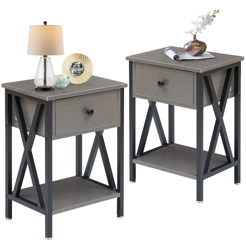 Modern 1-Drawert Nightstands X-Design with Storage Shelf, Set of 2 Nightstands - Hemp Grey